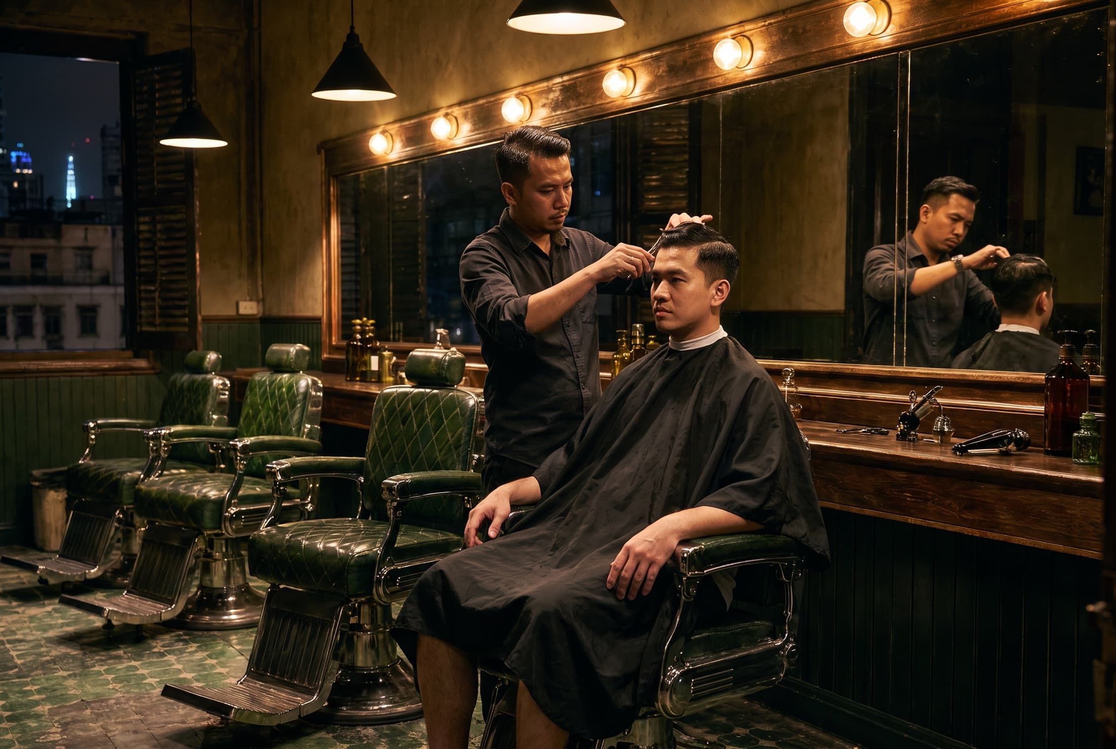 A barber cutting a seated client's hair with scissors and comb at the middle chair