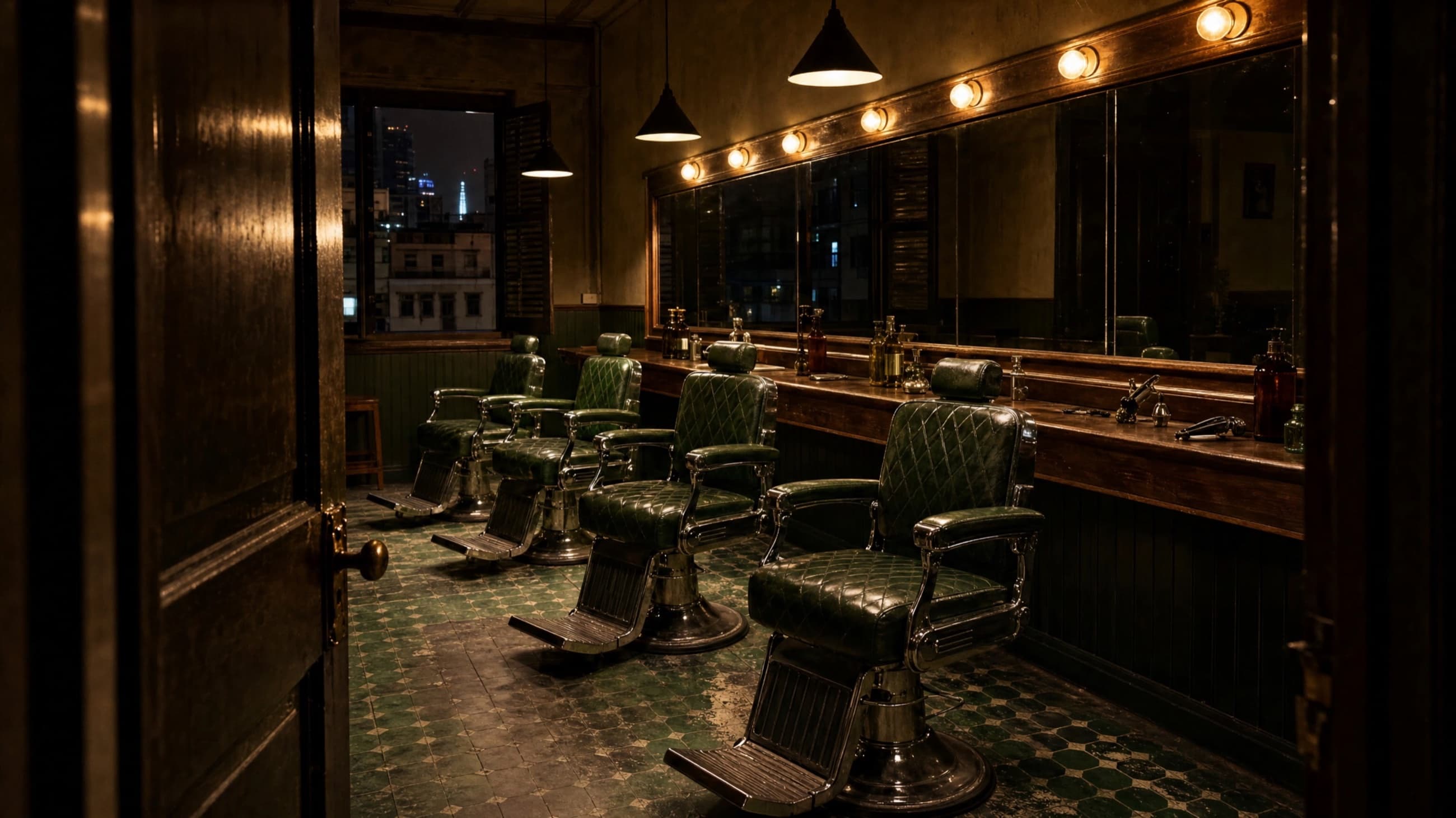 The Hone barber room seen through its open door at night, three green leather chairs under a bulb-lit mirror
