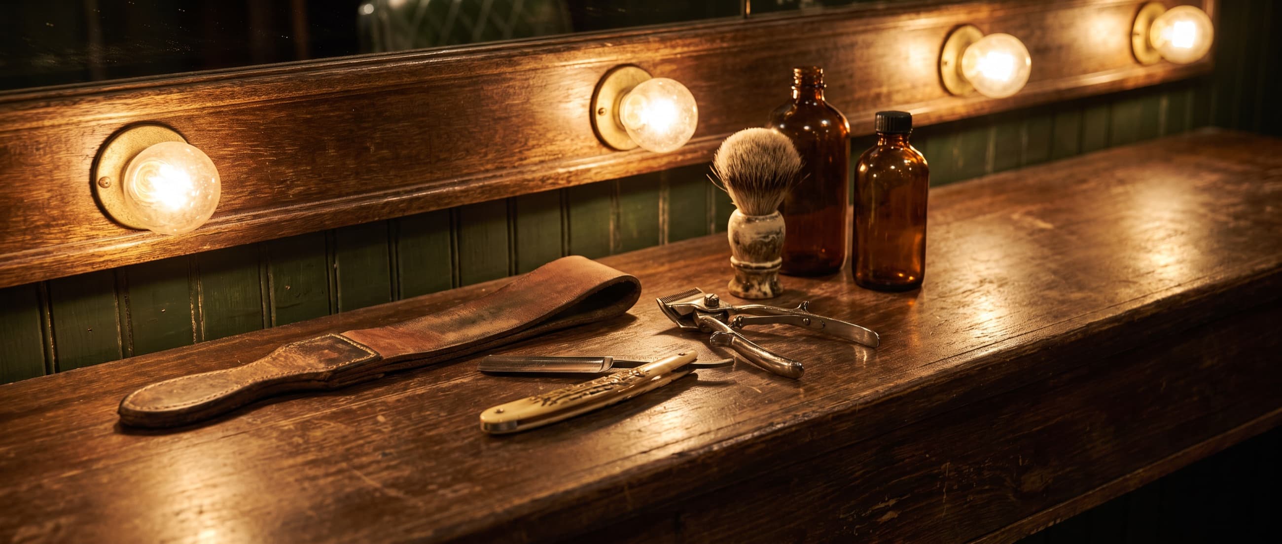A strop, an open straight razor, clippers, a shaving brush and two amber bottles on the counter under the mirror bulbs